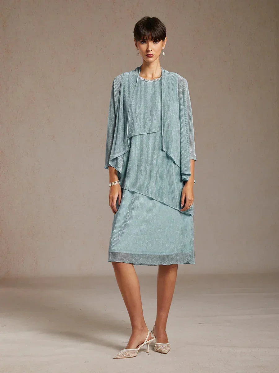 Metallic Geplooide Chiffon Midi-jurk met Kralenversierde Ronde Hals