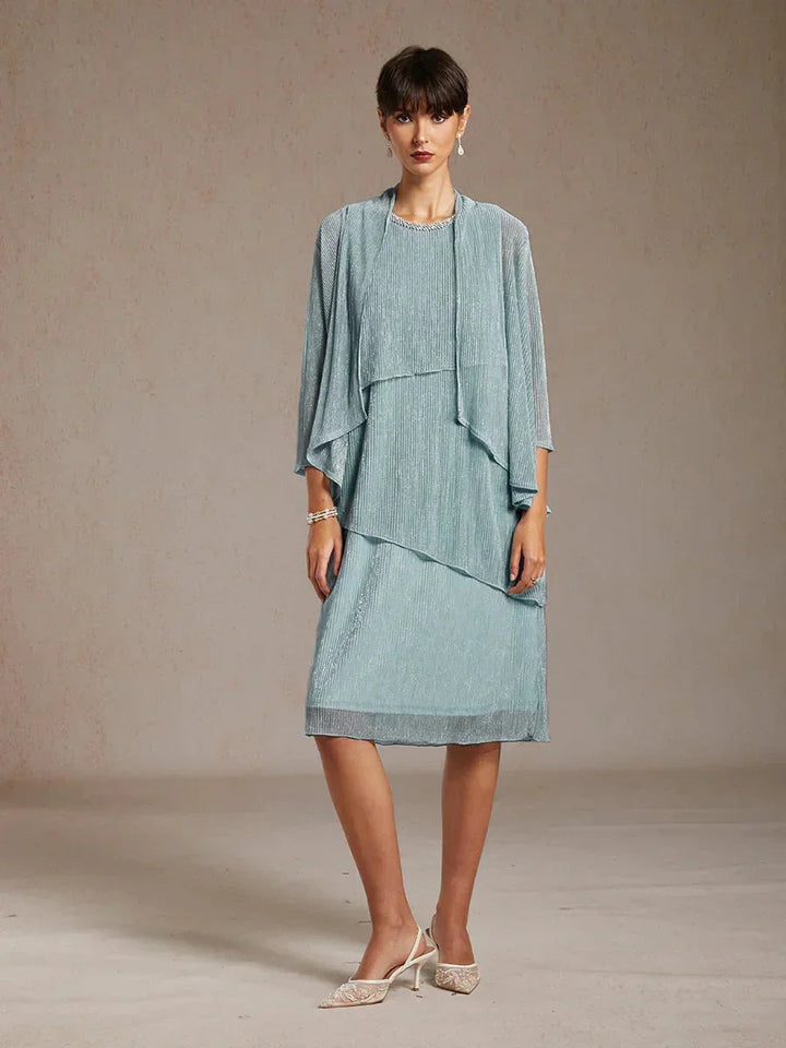 Metallic Geplooide Chiffon Midi-jurk met Ronde Hals en Kralen