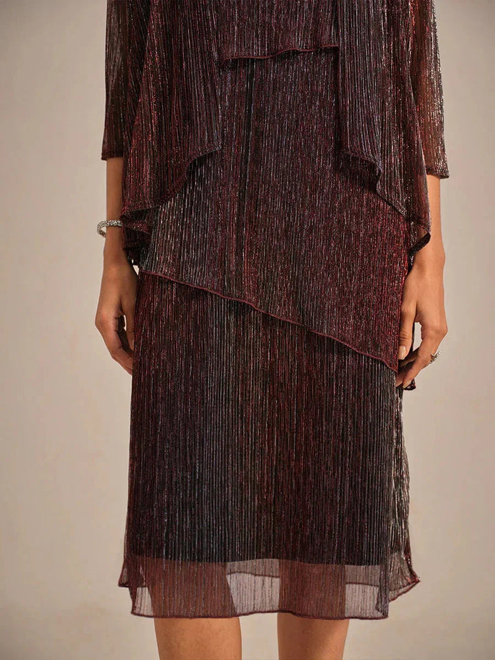 Metallic Geplooide Chiffon Midi-jurk met Kralenafgewerkte Ronde Hals