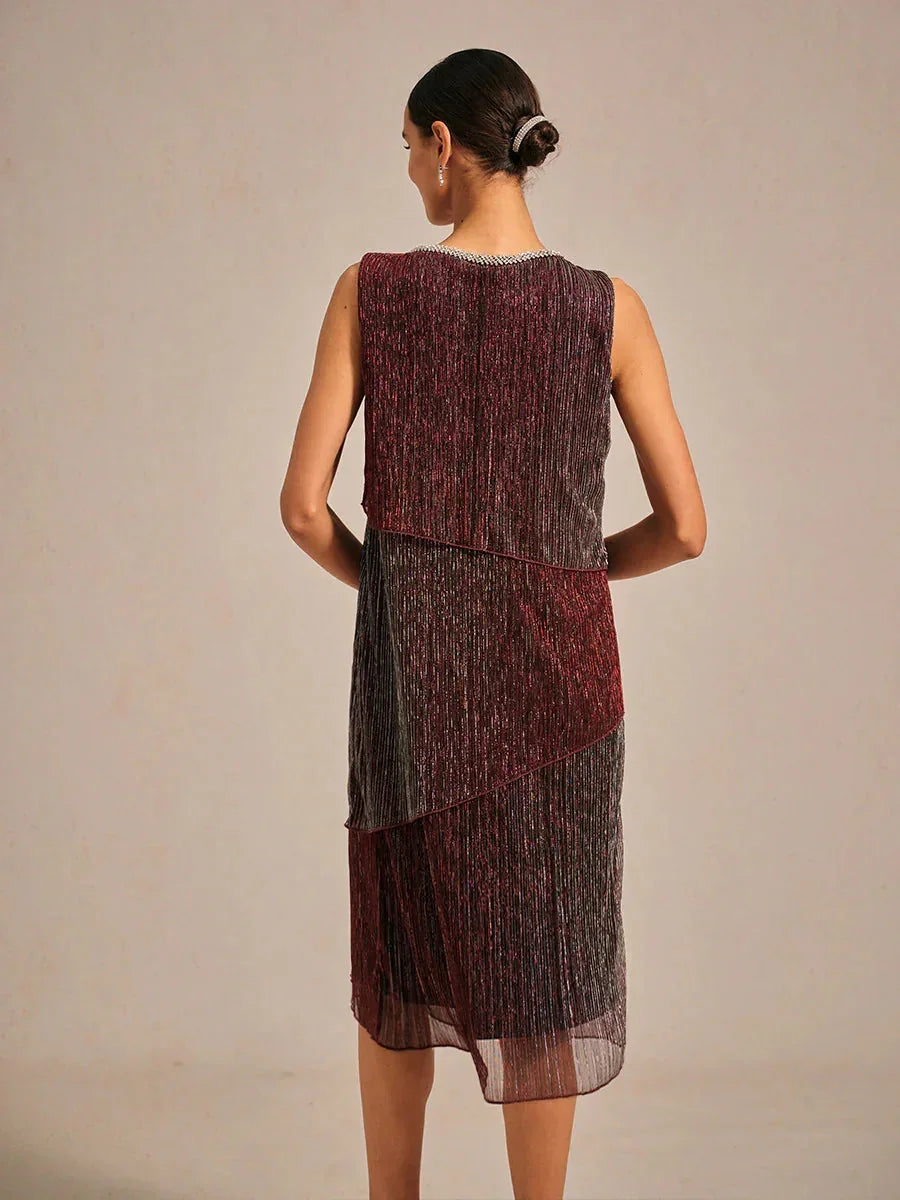 Metallic Geplooide Chiffon Midi-jurk met Kralenafgewerkte Ronde Hals
