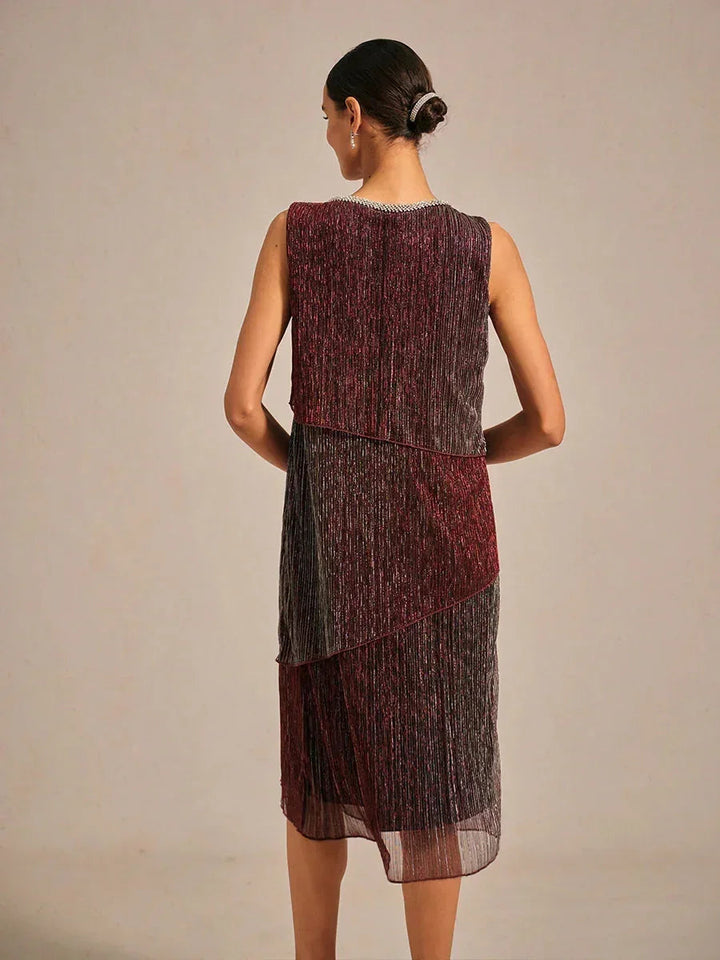 Metallic Geplisseerde Chiffon Midi-jurk met Ronde Hals met Kralen