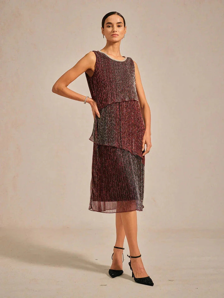 Metallic Geplooide Chiffon Midi-jurk met Ronde Hals en Kralen