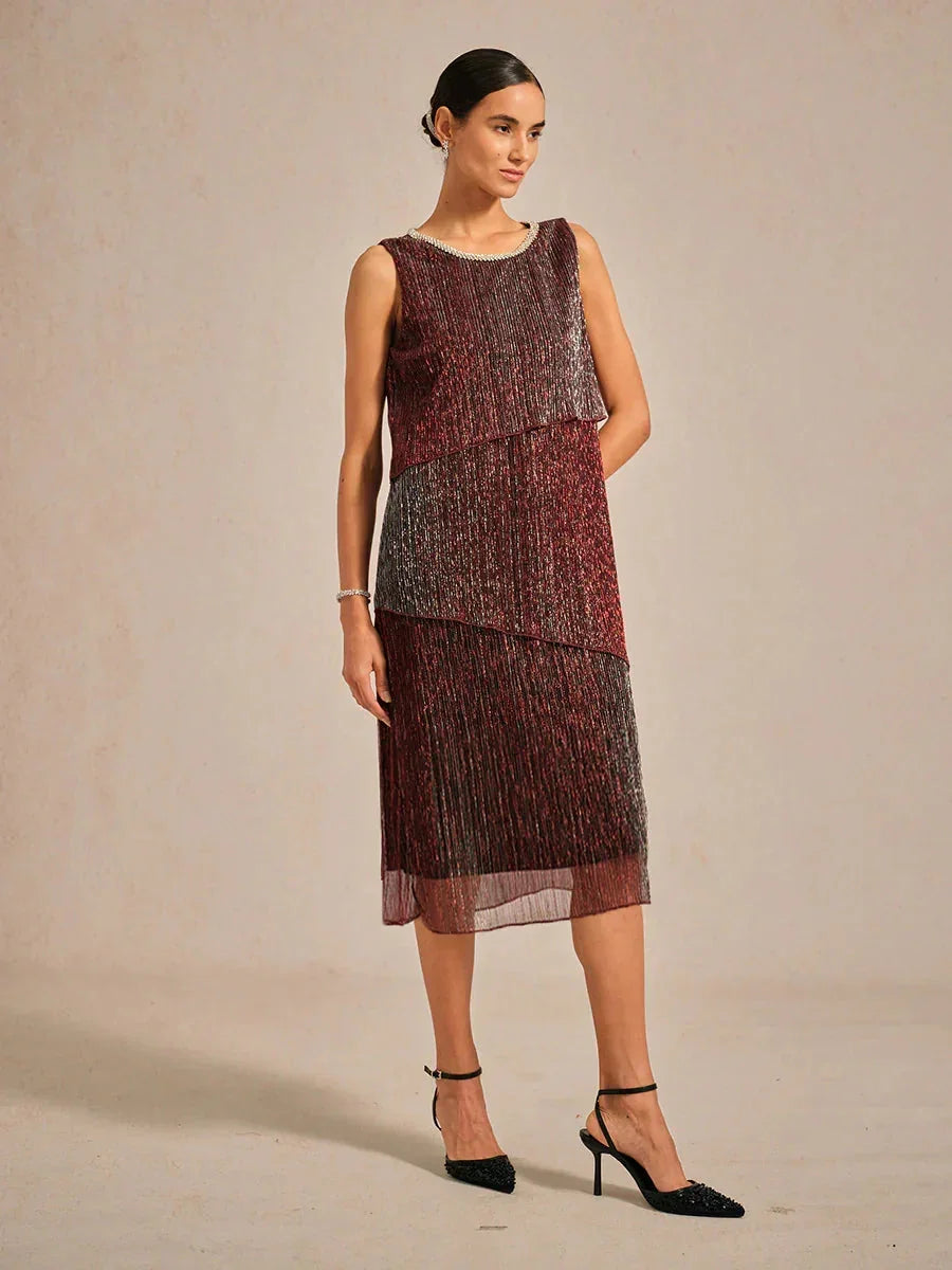Metallisch Geplooide Chiffon Midi-jurk Met Ronde Hals Afgewerkt Met Kralen