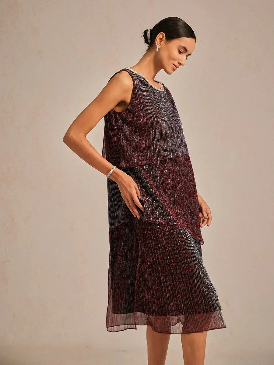 Metallic Geplooide Chiffon Midijurk Met Gekraalde Ronde Hals
