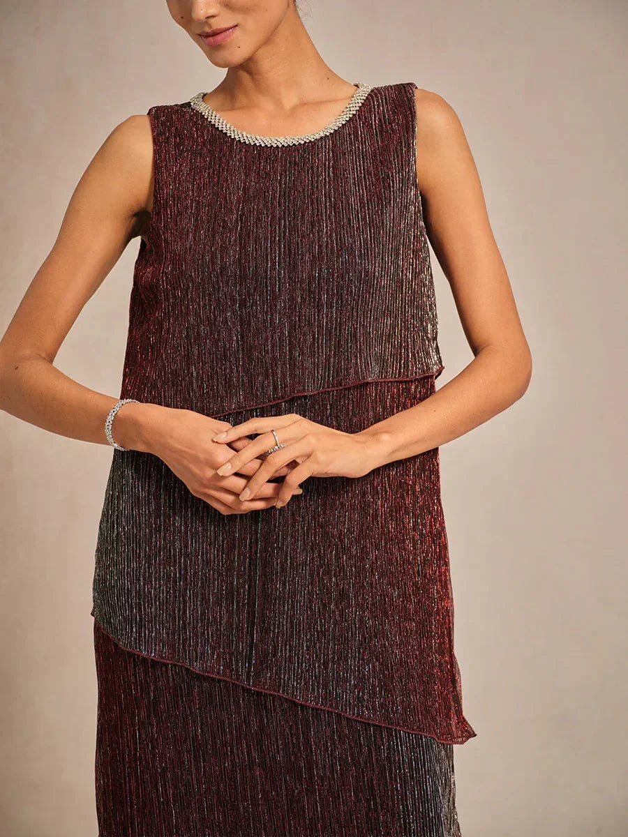 Metallic Geplooide Chiffon Midi-jurk met Ronde Hals en Kralen
