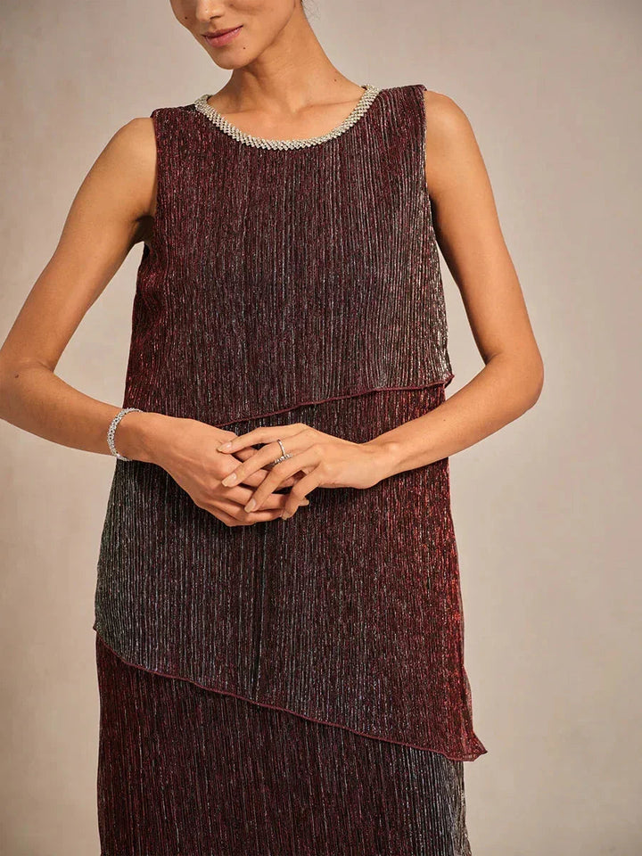Metallic Geplisseerde Chiffon Midi-jurk met Ronde Hals met Kralen