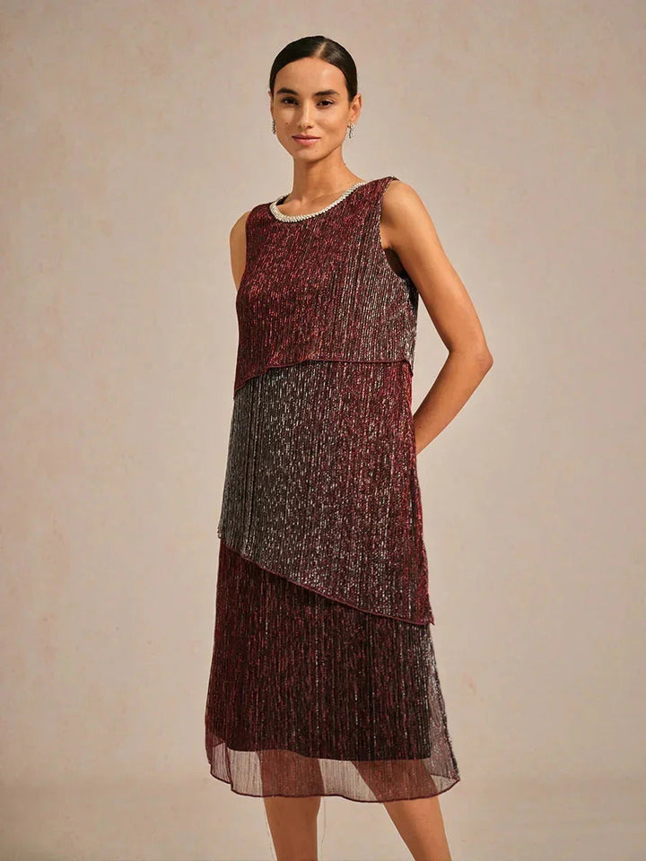 Metallic Geplooide Chiffon Midijurk Met Gekraalde Ronde Hals