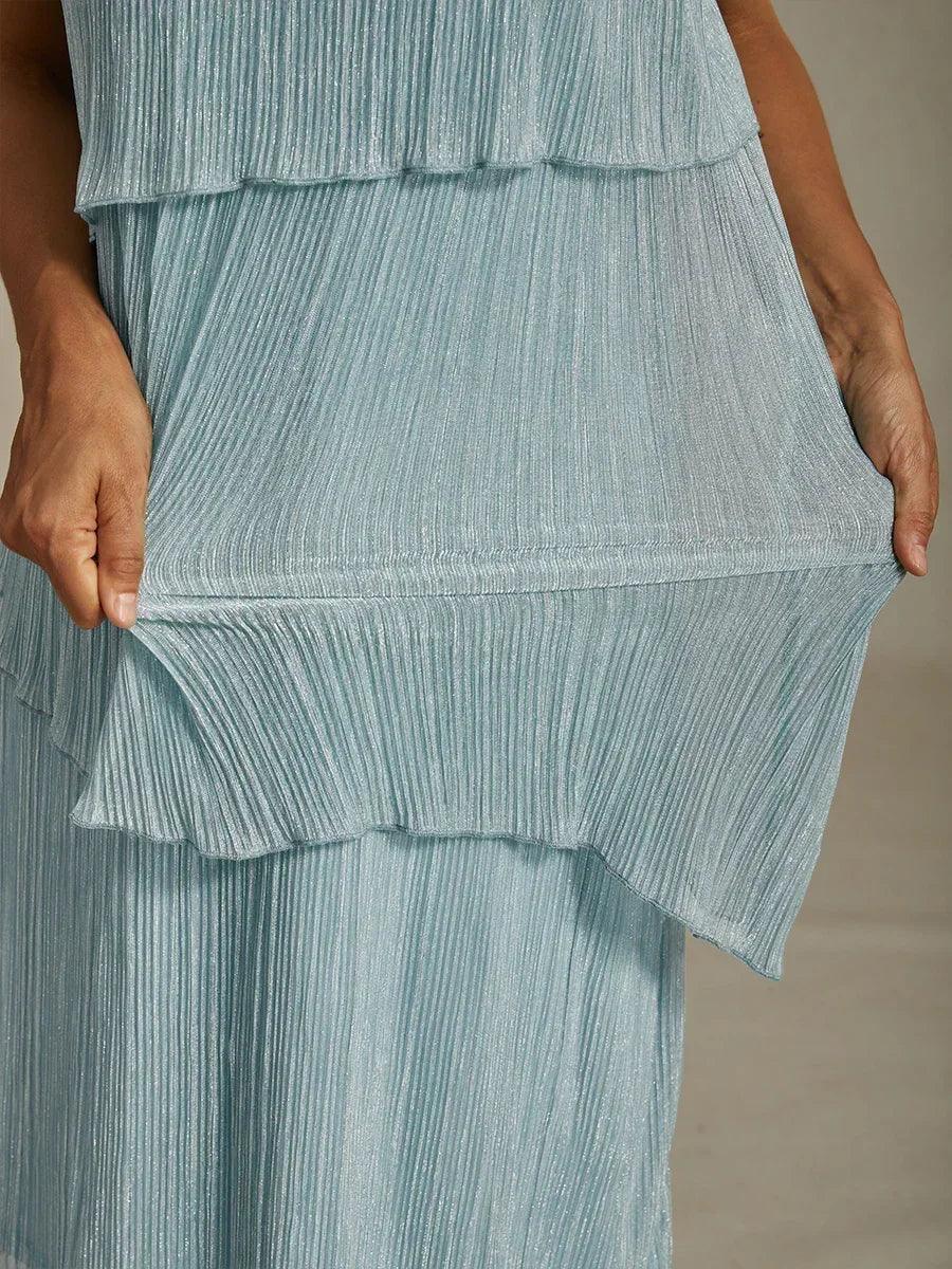 Metallisch Geplooide Chiffon Midi-jurk Met Ronde Hals Afgewerkt Met Kralen