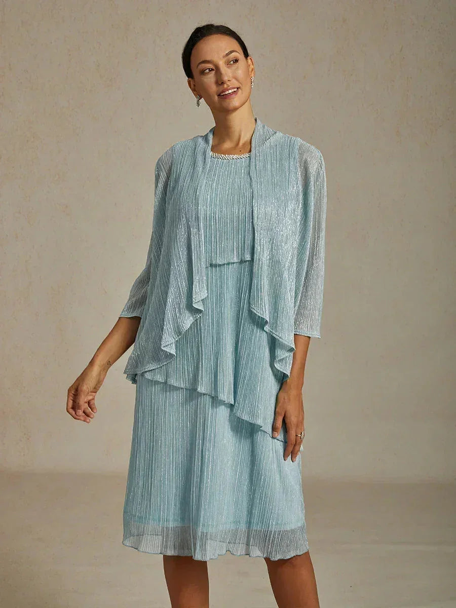 Metallic Geplooide Chiffon Midi-jurk met Kralenafgewerkte Ronde Hals