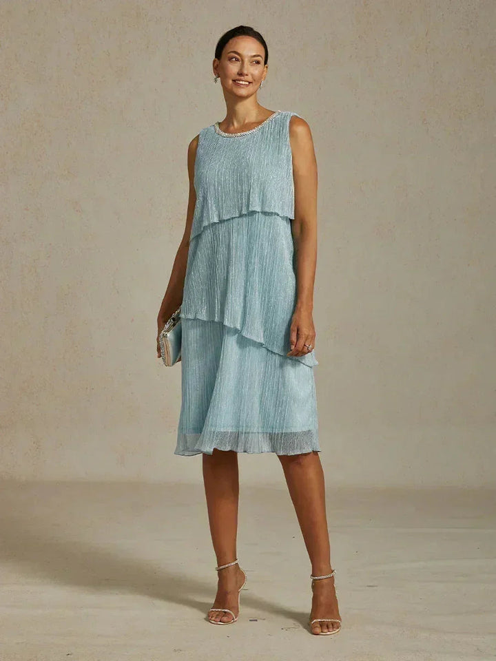 Metallic Geplooide Chiffon Midi-jurk met Kralenafgewerkte Ronde Hals