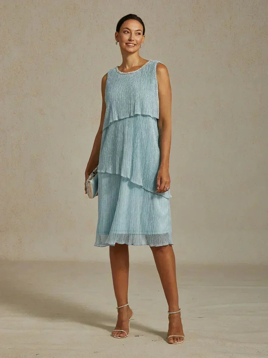 Metallic Geplooide Chiffon Midi-jurk met Kralenversierde Ronde Hals