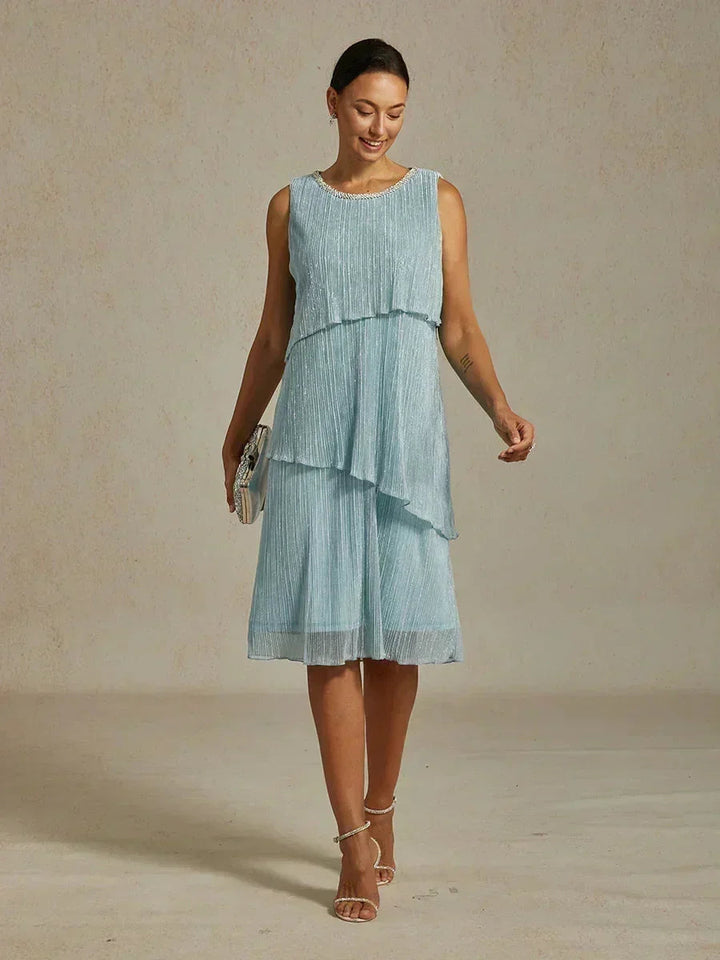 Metallic Geplooide Chiffon Midijurk Met Gekraalde Ronde Hals