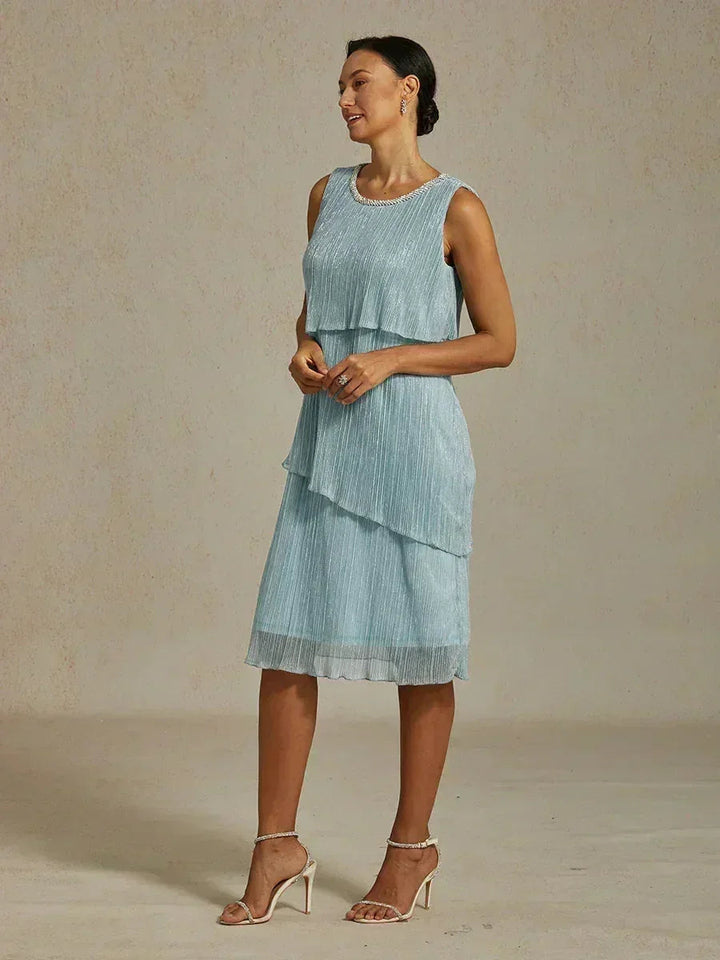 Metallic Geplooide Chiffon Midi-jurk met Kralenversierde Ronde Hals