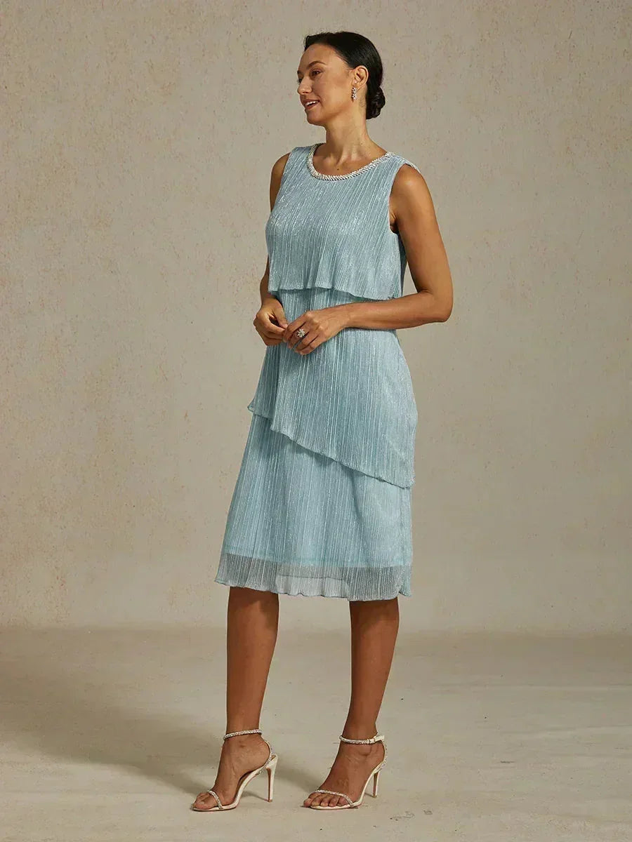Metallic Geplooide Chiffon Midi-jurk met Kralenafgewerkte Ronde Hals