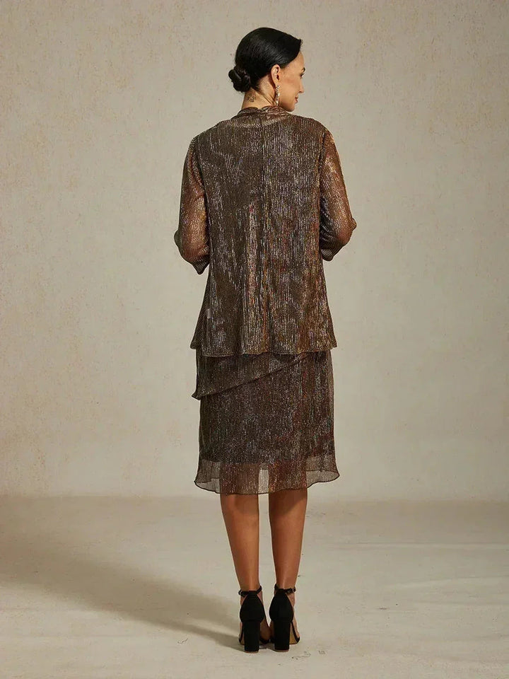 Metallic Geplooide Chiffon Midi-jurk met Kralenversierde Ronde Hals