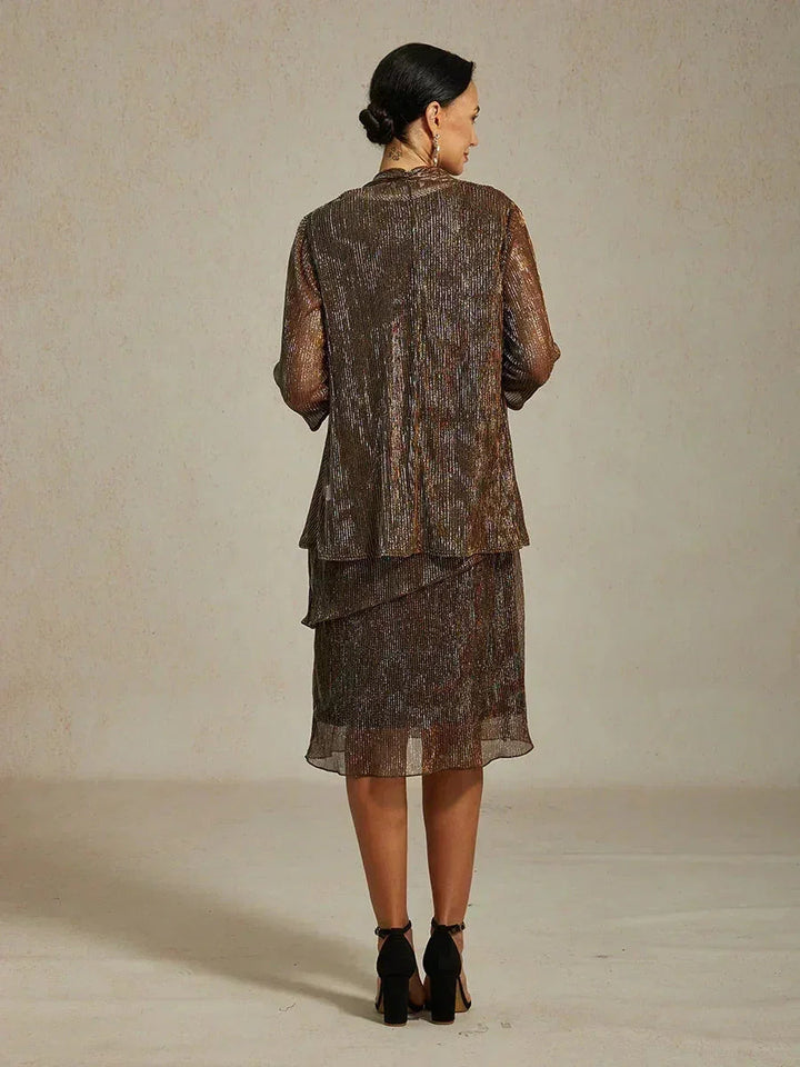 Metallic Geplooide Chiffon Midijurk Met Gekraalde Ronde Hals