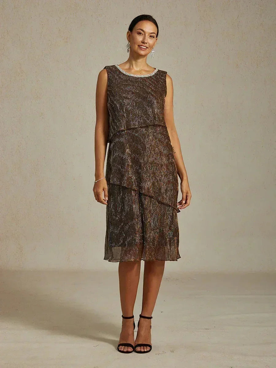 Metallisch Geplooide Chiffon Midi-jurk Met Ronde Hals Afgewerkt Met Kralen
