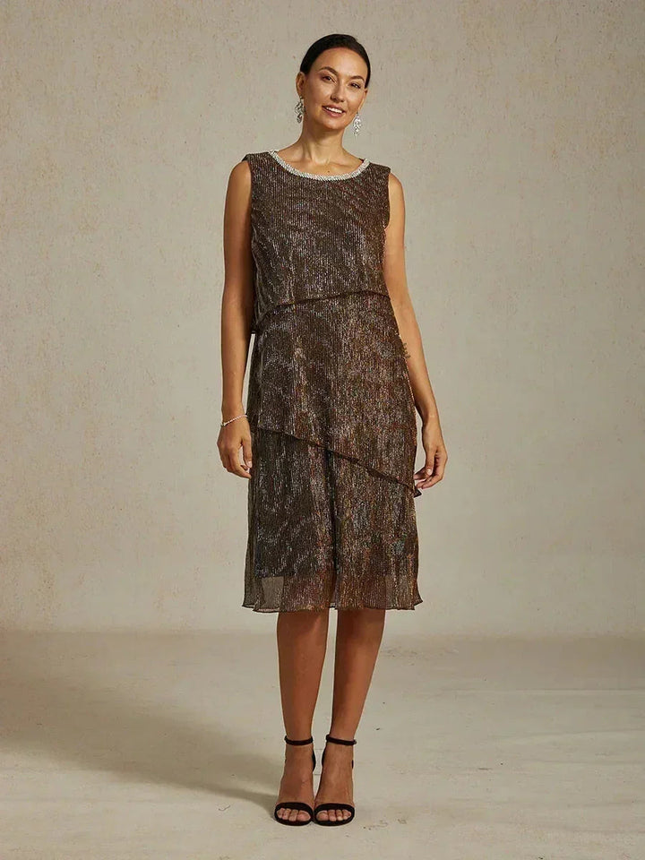 Metallic Geplooide Chiffon Midi-jurk met Ronde Hals en Kralen