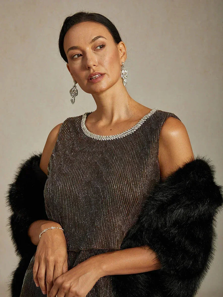 Metallic Geplooide Chiffon Midi-jurk met Kralenversierde Ronde Hals