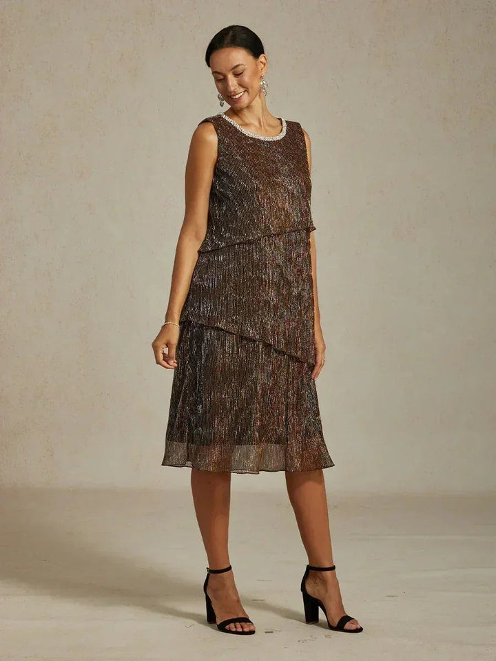 Metallic Geplooide Chiffon Midijurk Met Gekraalde Ronde Hals