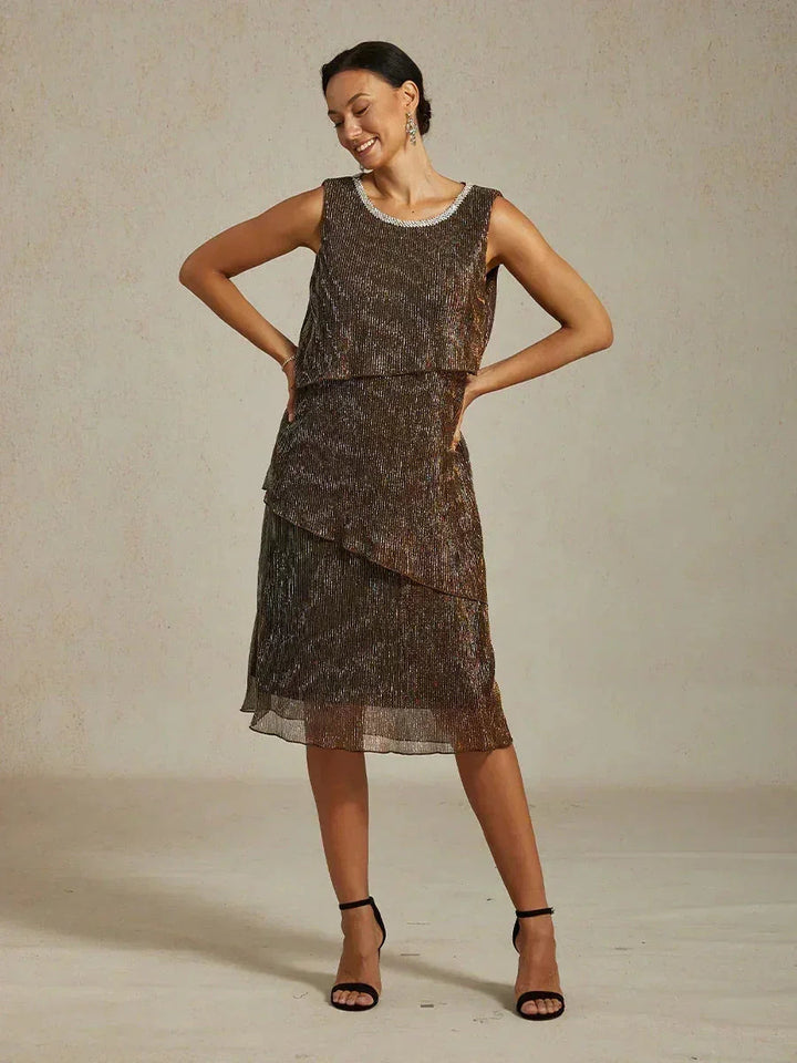 Metallic Geplisseerde Chiffon Midi-jurk met Ronde Hals met Kralen