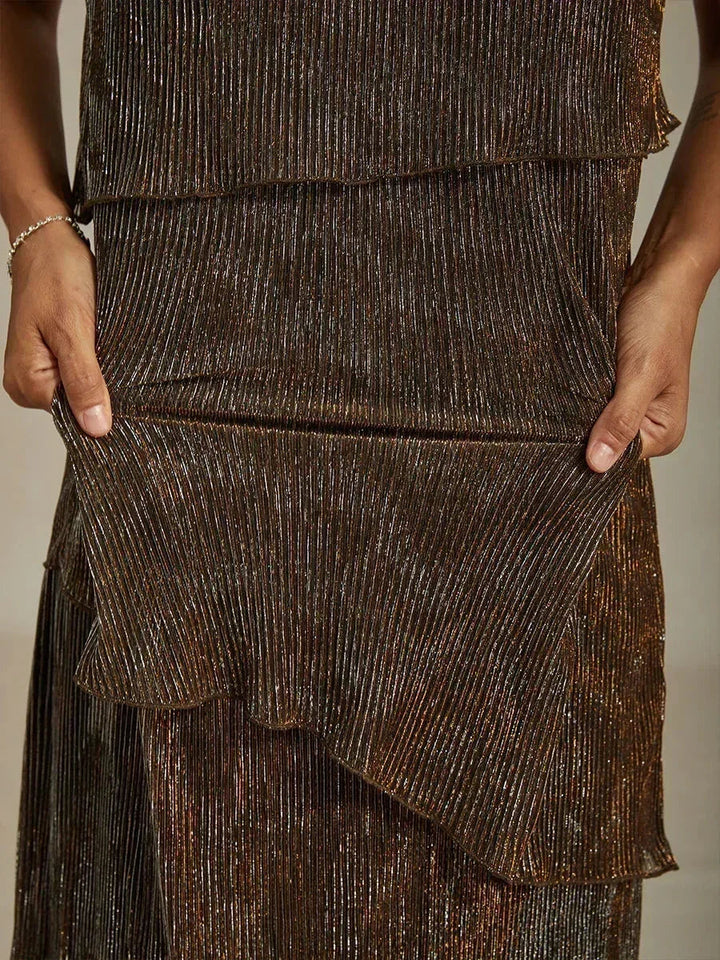 Metallic Geplooide Chiffon Midi-jurk met Ronde Hals en Kralen