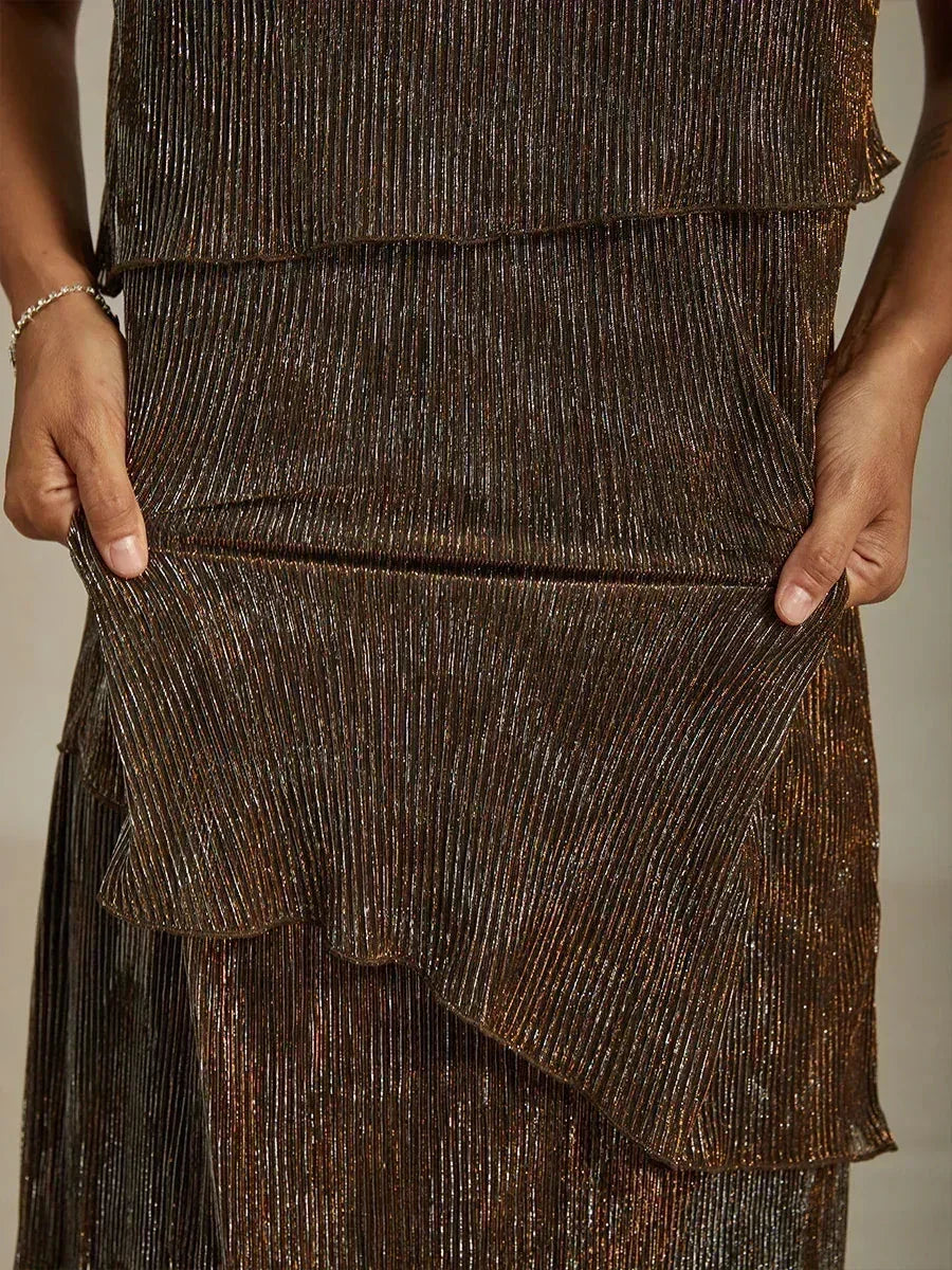Metallic Geplooide Chiffon Midi-jurk met Kralenversierde Ronde Hals