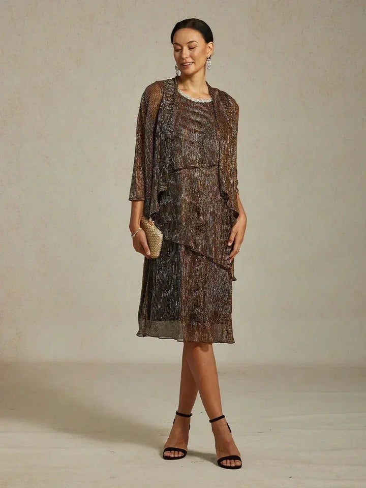 Metallisch Geplooide Chiffon Midi-jurk Met Ronde Hals Afgewerkt Met Kralen