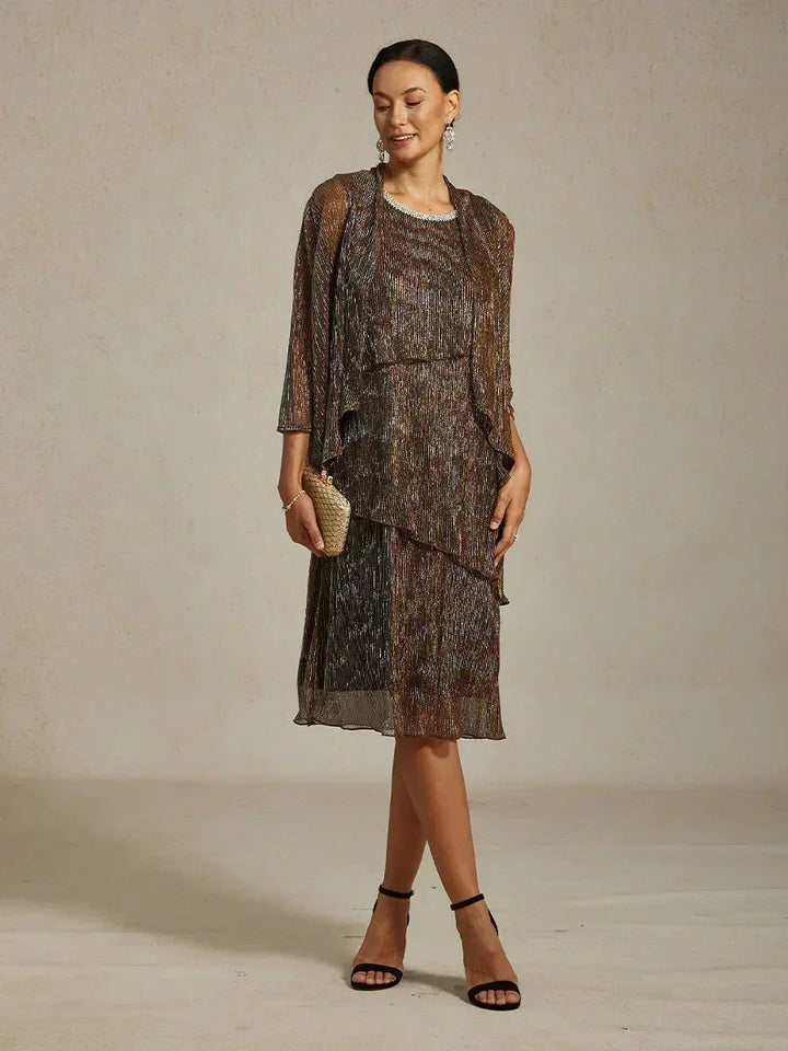 Metallic Geplooide Chiffon Midi-jurk met Kralenafgewerkte Ronde Hals