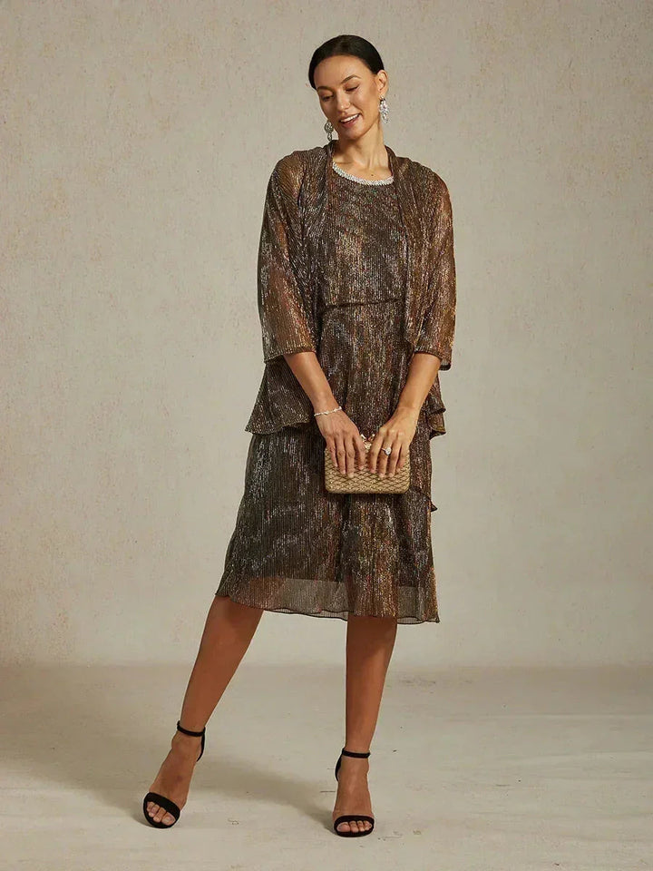 Metallic Geplooide Chiffon Midi-jurk met Kralenversierde Ronde Hals