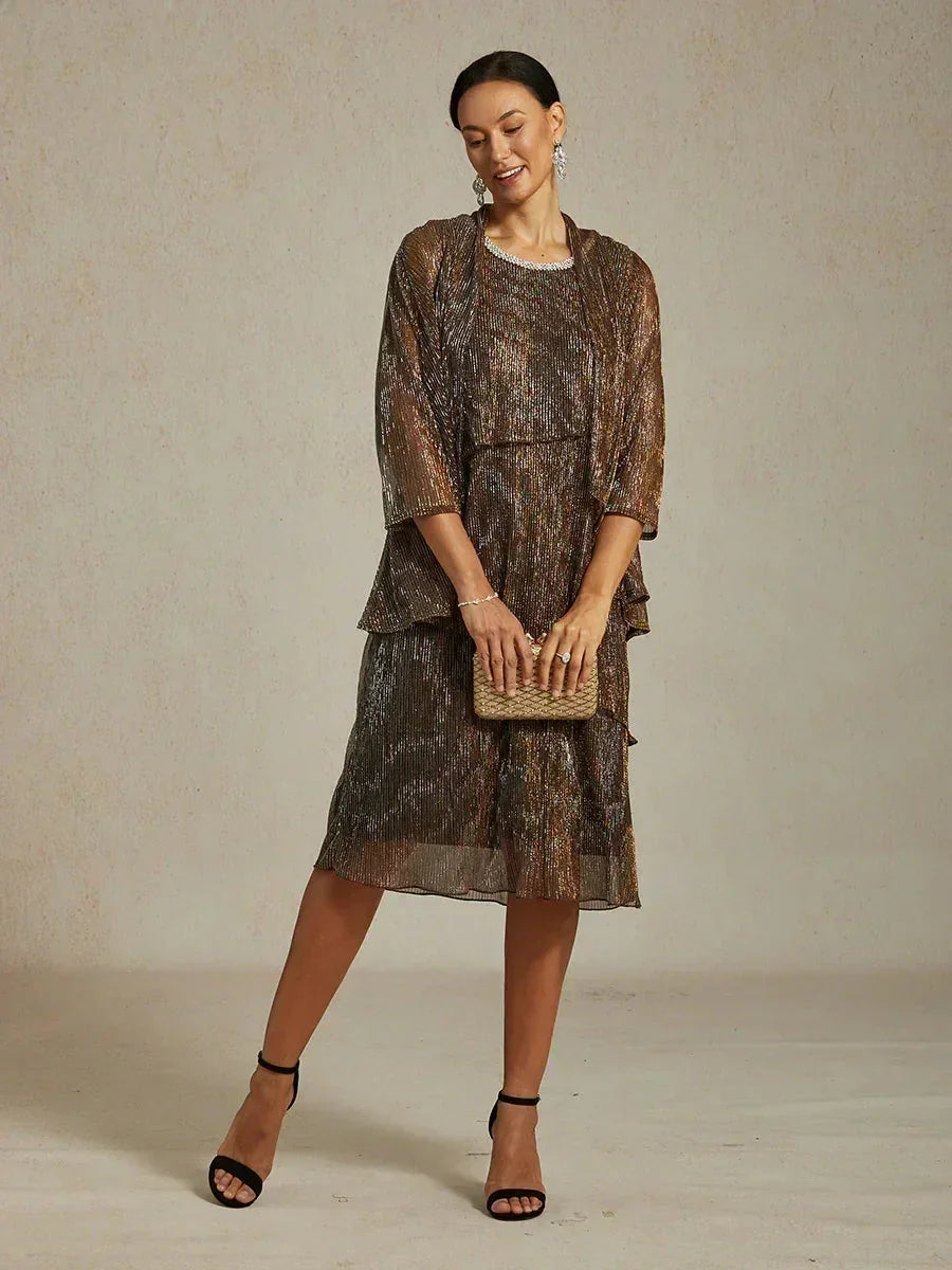 Metallic Geplooide Chiffon Midijurk Met Gekraalde Ronde Hals