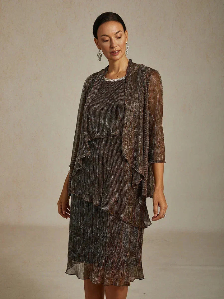Metallic Geplooide Chiffon Midijurk Met Gekraalde Ronde Hals