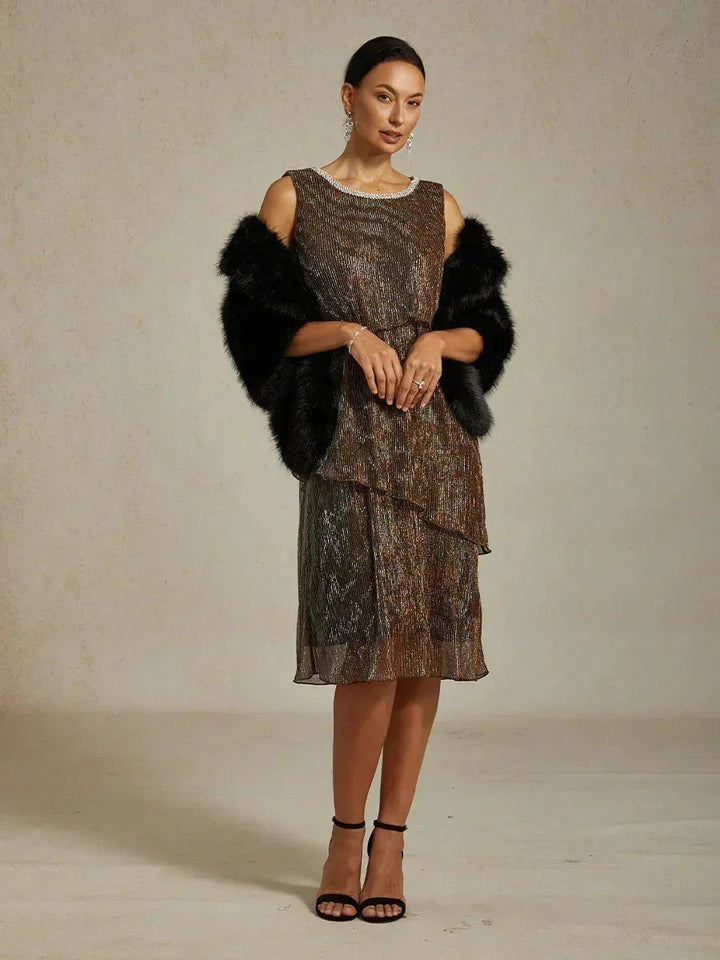 Metallic Pleated Chiffon Midi Dress with Beaded Round Neck