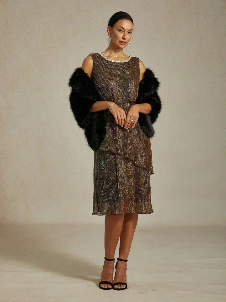 Metallisch Geplooide Chiffon Midi-jurk Met Ronde Hals Afgewerkt Met Kralen
