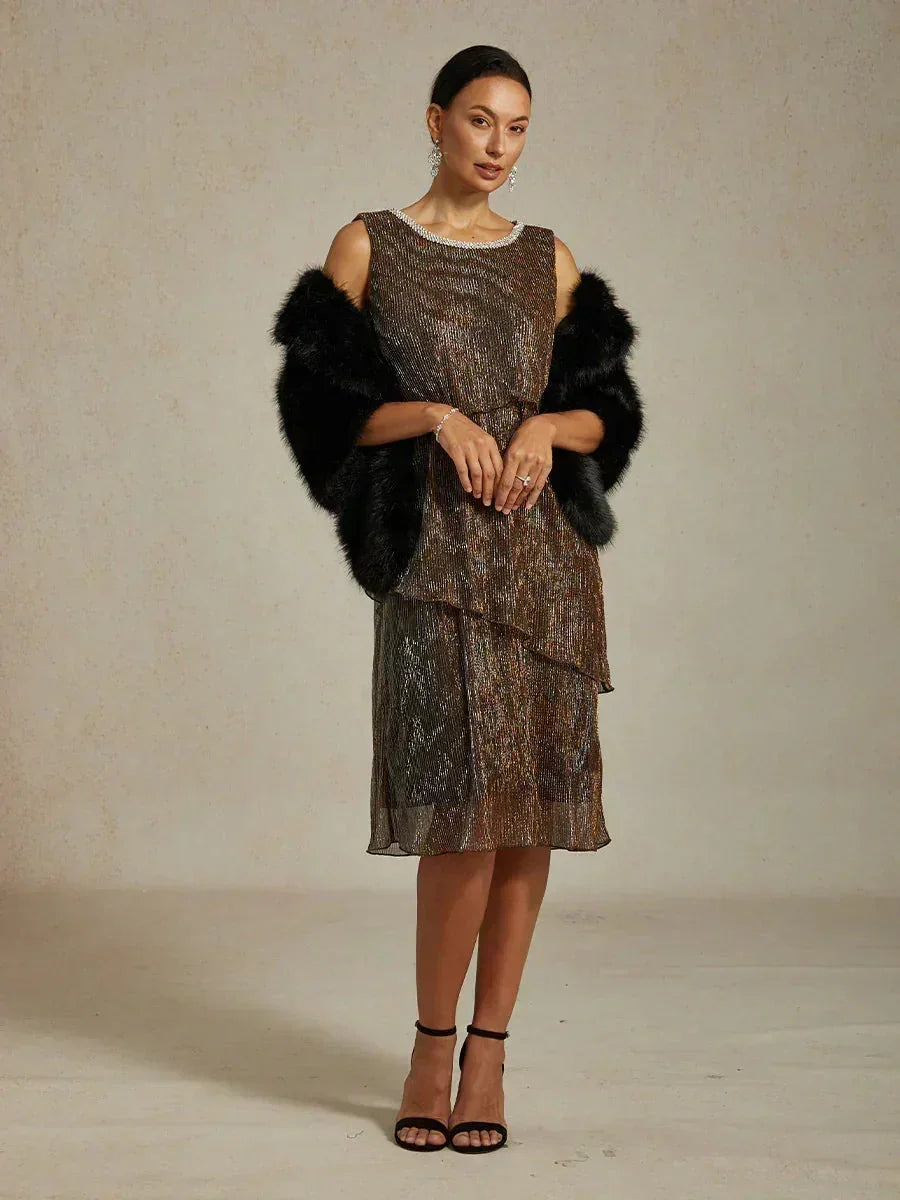 Metallic Geplisseerde Chiffon Midi-jurk met Ronde Hals met Kralen