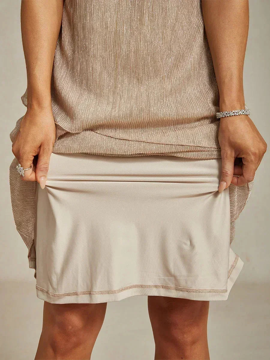 Metallic Geplooide Chiffon Midi-jurk met Ronde Hals en Kralen