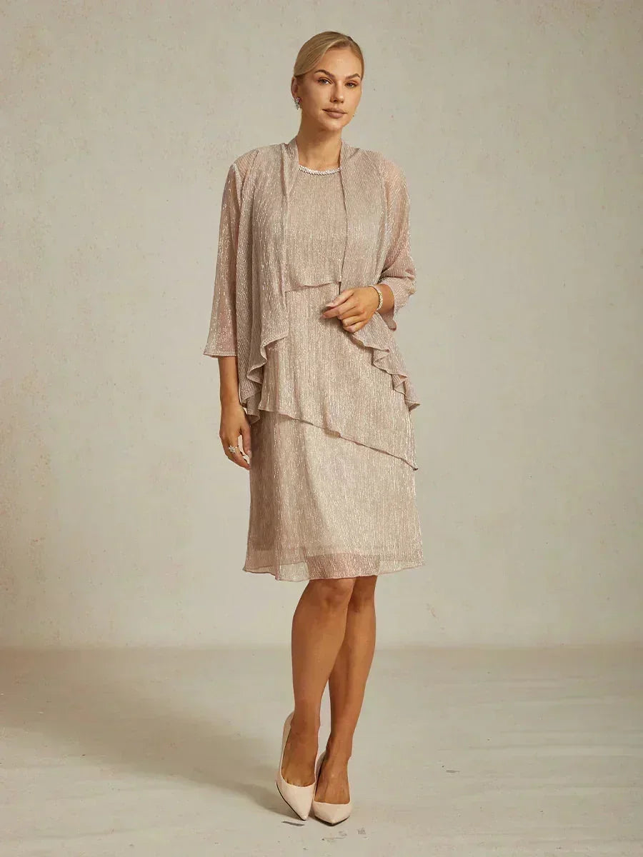 Metallic Geplooide Chiffon Midijurk Met Gekraalde Ronde Hals