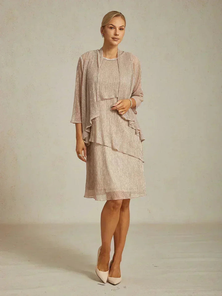Metallisch Geplooide Chiffon Midi-jurk Met Ronde Hals Afgewerkt Met Kralen