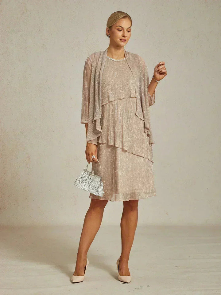Metallic Geplooide Chiffon Midijurk Met Gekraalde Ronde Hals