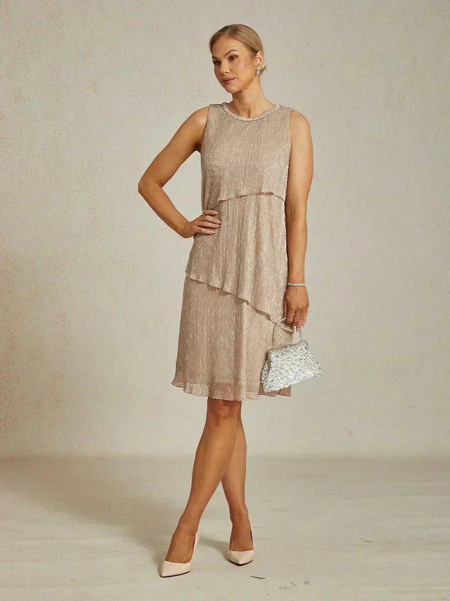 Metallisch Geplooide Chiffon Midi-jurk Met Ronde Hals Afgewerkt Met Kralen