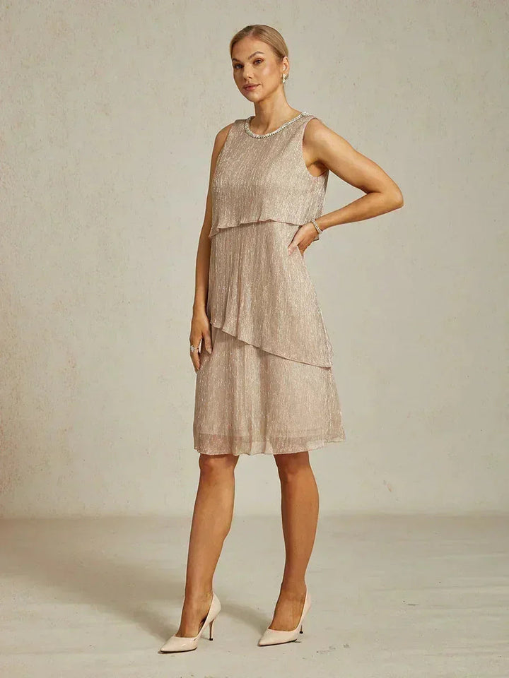 Metallic Geplisseerde Chiffon Midi-jurk met Ronde Hals met Kralen