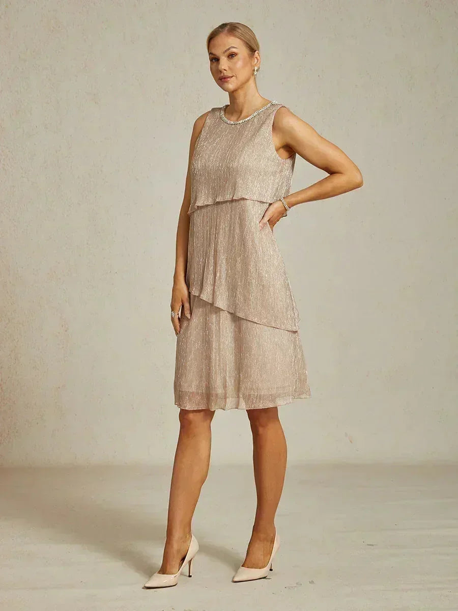 Metallic Geplooide Chiffon Midi-jurk met Ronde Hals en Kralen