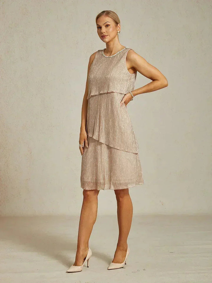 Metallic Geplooide Chiffon Midi-jurk met Kralenversierde Ronde Hals