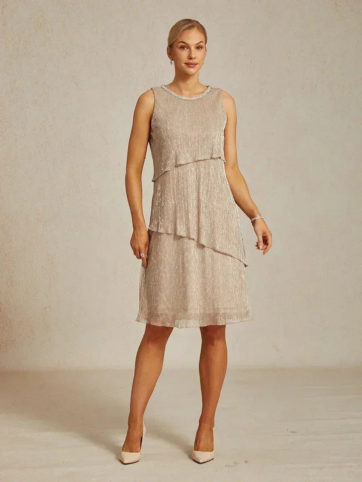Metallic Geplooide Chiffon Midi-jurk met Ronde Hals en Kralen
