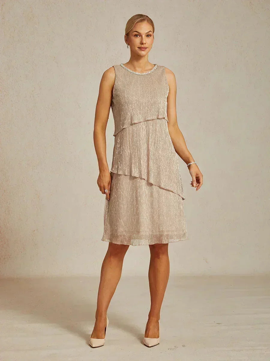 Metallic Geplooide Chiffon Midijurk Met Gekraalde Ronde Hals