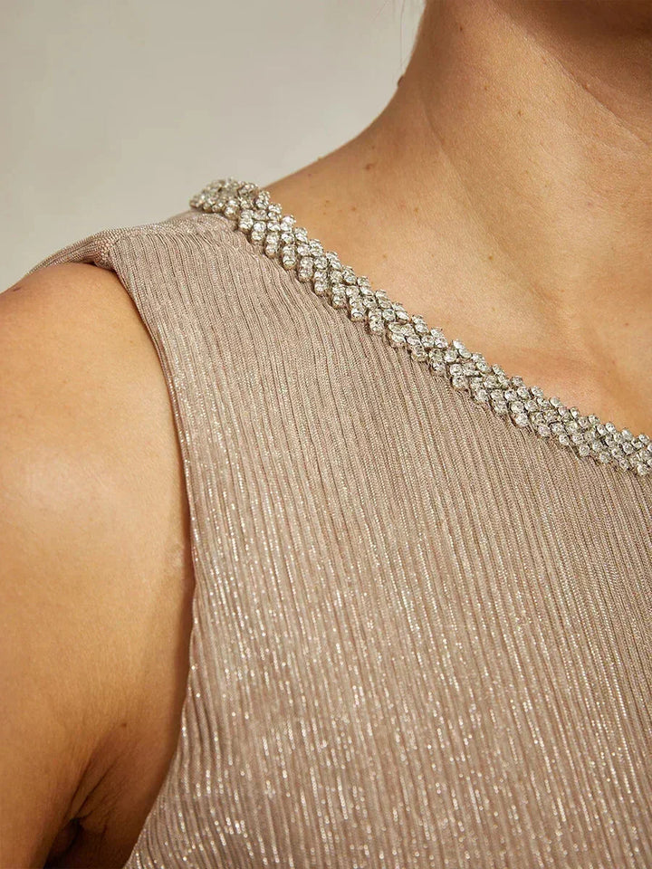 Metallic Geplooide Chiffon Midi-jurk met Ronde Hals en Kralen
