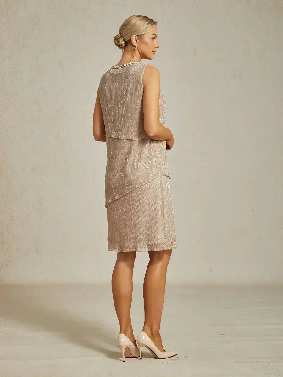 Metallisch Geplooide Chiffon Midi-jurk Met Ronde Hals Afgewerkt Met Kralen