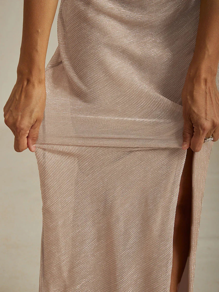 Metallic Geplooide Chiffon Maxi-jurk met V-hals