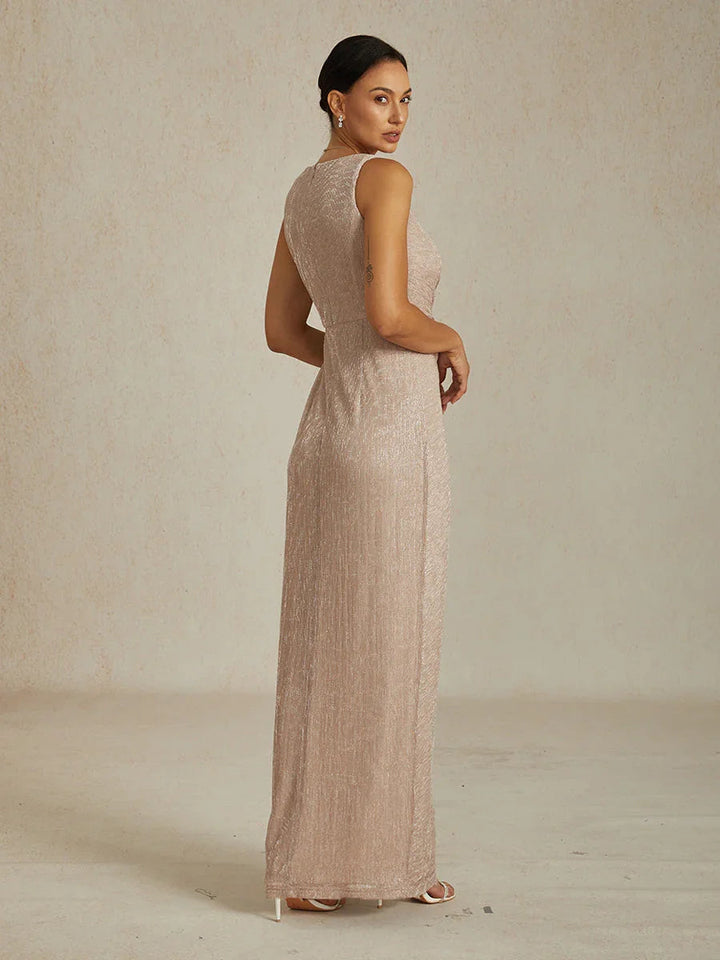 Metallic Geplooide Chiffon Maxi-jurk met V-hals