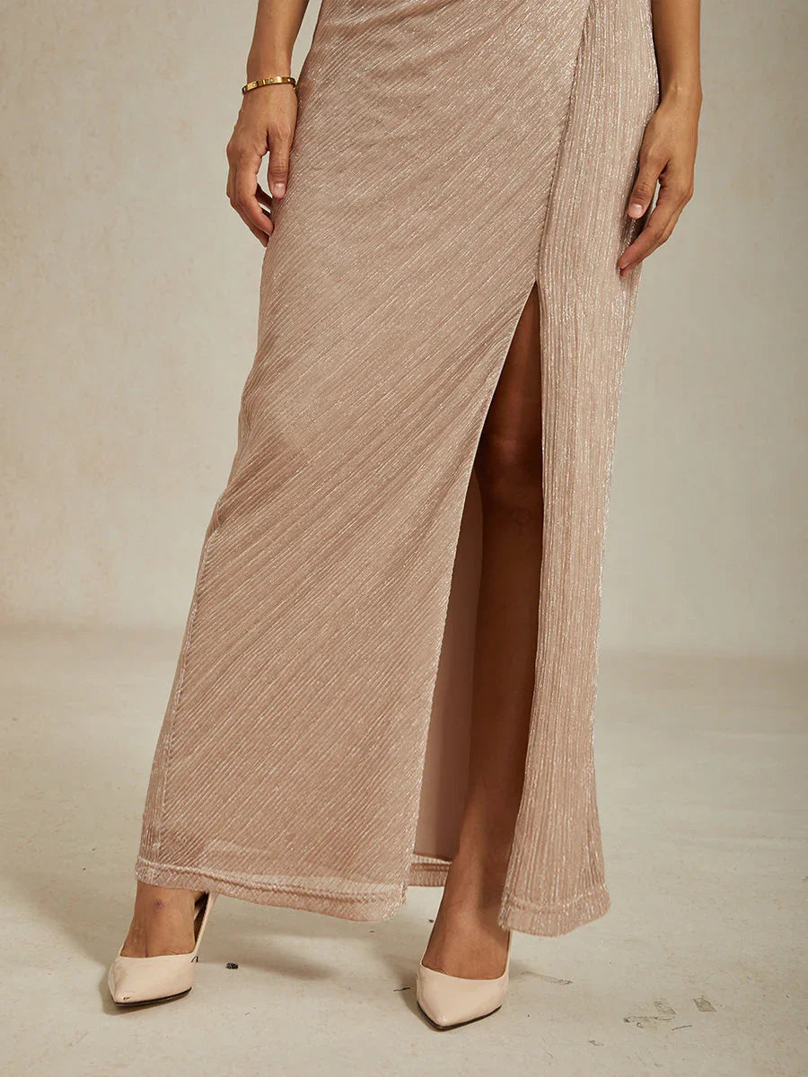 Metallic Geplooide Chiffon Maxi-jurk met V-hals